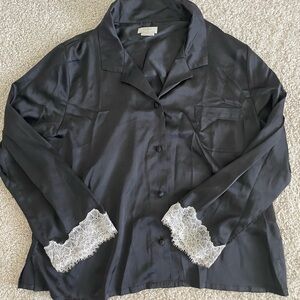 Kate Spade Black Satin Pajama Top with White Lace